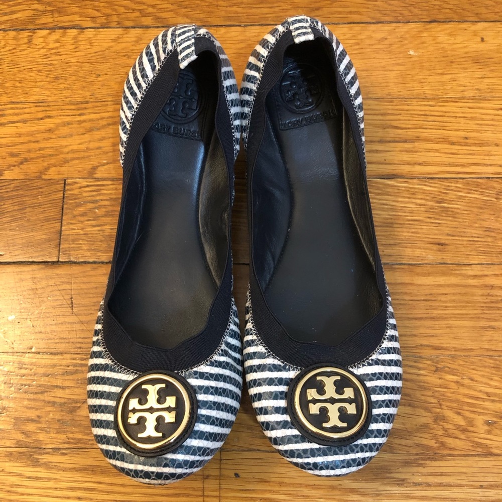 Tory Burch navy and white striped snakeprint flats